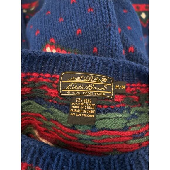 Vintage 1990 Eddie Bauer Sweater Medium 100% Wool Fair Isle Chunky Womens Blue - Picture 7 of 9